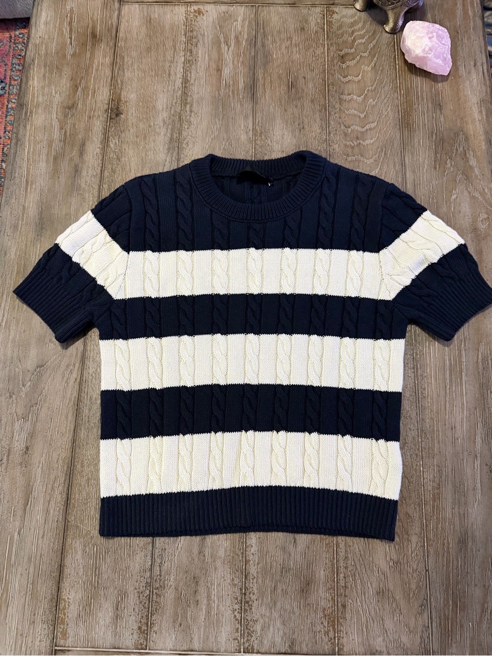 Zara Women's Navy & White Striped Cable-Knit Short Sleeve Sweater